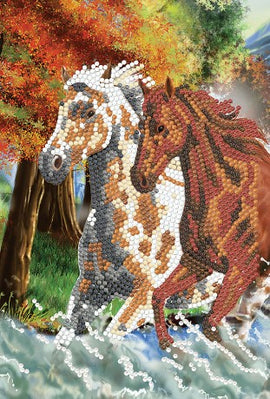 A beautifully crafted notebook featuring an artistic representation of two wild horses galloping through a forest stream. The design showcases vibrant colors and crystal accents, bringing a dynamic and lively feel to the notebook. The background includes rich autumn foliage and flowing water, enhancing the enchanting nature theme.