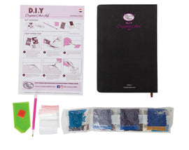 Crystal Art Notebooks Wild Horses DIY kit. Includes a black notebook, a stylus, various colorful crystal beads, storage bags, and instructional sheet. Perfect for creative activities.