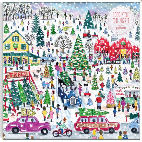 Micheal Storrings Christmas Tree Farm jigsaw puzzle featuring a colorful winter scene with a Christmas tree farm bustling with people, cars adorned with trees, snow falling, and festive decorations. The illustration captures the joy of the holiday season with children, adults, and pets enjoying the festive atmosphere.