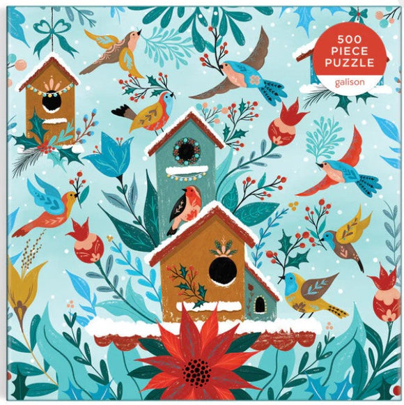 The Winter Perch jigsaw puzzle by Galison features a whimsical winter scene with colorful birds and birdhouses surrounded by vibrant foliage. This 500-piece puzzle showcases detailed illustrations of various birds in a snowy landscape, perfect for puzzle enthusiasts and nature lovers alike.