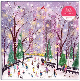 500-piece jigsaw puzzle titled 'Snowy Night' by Galison, featuring a whimsical winter scene with people ice skating, snow-covered trees, and a city skyline in the background, illuminated by soft lights and falling snowflakes.