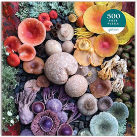 A vibrant 500-piece jigsaw puzzle titled 'Shrooms in Bloom' by Galison, showcasing a colorful assortment of various mushrooms and fungi. The image displays an intricate arrangement of mushrooms in shades of red, orange, purple, and green set against a natural background, making it a visually engaging and challenging puzzle for enthusiasts.