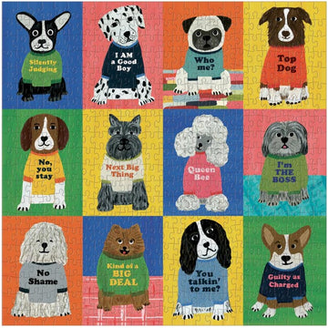 A colorful jigsaw puzzle featuring a collage of cartoon dogs, each wearing a shirt with humorous phrases such as 'I AM a Good Boy' and 'I'm the BOSS'. The dogs are set against a variety of bright background colors, making for a vibrant and playful design.