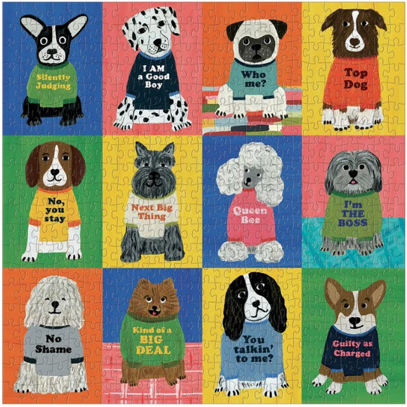 A colorful jigsaw puzzle featuring a collage of cartoon dogs, each wearing a shirt with humorous phrases such as 'I AM a Good Boy' and 'I'm the BOSS'. The dogs are set against a variety of bright background colors, making for a vibrant and playful design.
