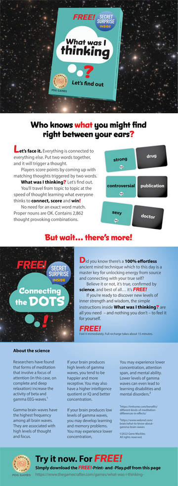 What was I thinking? game by PDG Games featuring a vibrant packaging design with playful graphics and text, engaging players to connect thoughts and score points based on word combinations.
