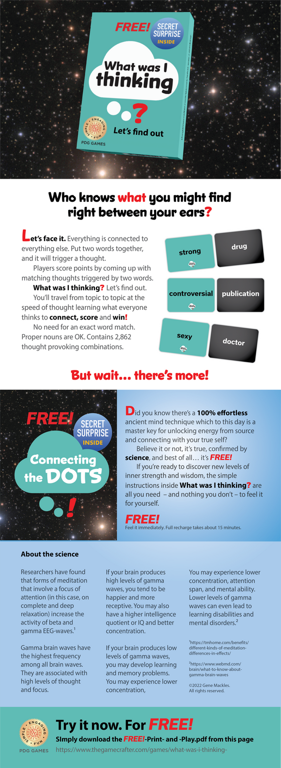 What was I thinking? game by PDG Games featuring a vibrant packaging design with playful graphics and text, engaging players to connect thoughts and score points based on word combinations.