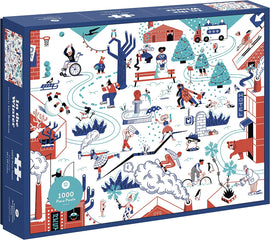 The product shows a colorful jigsaw puzzle box titled 'In the Winter' by Princeton Architectural Press. The design features a vibrant winter scene filled with people engaging in various seasonal activities, including ice skating, sledding, and playing in the snow. Illustrated characters and playful elements create a whimsical atmosphere, making it an engaging and fun activity for family and friends.