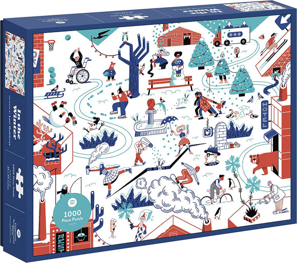 The product shows a colorful jigsaw puzzle box titled 'In the Winter' by Princeton Architectural Press. The design features a vibrant winter scene filled with people engaging in various seasonal activities, including ice skating, sledding, and playing in the snow. Illustrated characters and playful elements create a whimsical atmosphere, making it an engaging and fun activity for family and friends.