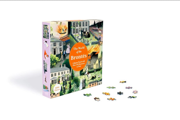 The World of the Brontës jigsaw puzzle box featuring colorful illustrations depicting scenes and characters from Brontë literature. The box includes 1000 pieces of the puzzle and some scattered pieces around it.