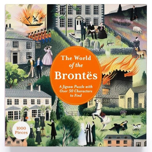 The World of the Brontës jigsaw puzzle by Laurence King Publishing. The box features vibrant artwork depicting scenes from the Brontë sisters' lives, including over 50 characters to find within the 1000-piece puzzle. The design showcases different elements like the moors, houses, and historical figures associated with the Brontë family, providing a rich visual experience for puzzlers and fans of literature alike.