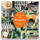 The World of the Brontës jigsaw puzzle by Laurence King Publishing. The box features vibrant artwork depicting scenes from the Brontë sisters' lives, including over 50 characters to find within the 1000-piece puzzle. The design showcases different elements like the moors, houses, and historical figures associated with the Brontë family, providing a rich visual experience for puzzlers and fans of literature alike.