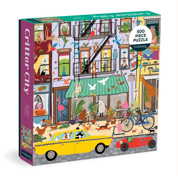 Critter City jigsaw puzzle by Mudpuppy featuring a whimsical urban scene filled with colorful animals, a yellow taxi, and a vibrant street layout. It contains 500 pieces, perfect for family fun or individual challenge.