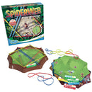 Spider Web mechanical puzzle by Think Fun, featuring a colorful hexagonal base with rubber bands and challenge cards. The vibrant packaging showcases fun graphics and highlights 40 challenges designed for ages 8 and up.
