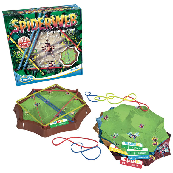Spider Web mechanical puzzle by Think Fun, featuring a colorful hexagonal base with rubber bands and challenge cards. The vibrant packaging showcases fun graphics and highlights 40 challenges designed for ages 8 and up.