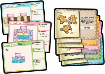 The Great British Baking Show game by Ravensburger featuring various recipe cards, including Tiger Loaf, Layer Cake, and Crème Brûlée. The cards display categories, challenges, and baking criteria such as 'Soggy Bottom' and 'Great Bake' with colorful illustrations. Perfect for fans of baking challenges and competitive gameplay.