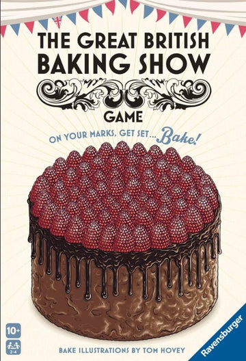 The Great British Baking Show game by Ravensburger features a vibrant box cover showcasing a decadent chocolate cake topped with red berries, with an inviting design and playful typography that says 'On Your Marks, Get Set... Bake!' The background includes bunting, reinforcing the festive baking theme.