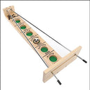 Shoot The Moon game by Wood Expressions Inc. features a wooden play surface with a scoring track that includes planets: Mercury, Mars, Earth, Jupiter, Saturn, and Pluto. The game involves rolling a ball towards the scoring holes, promoting fun and skillful play for family and friends.