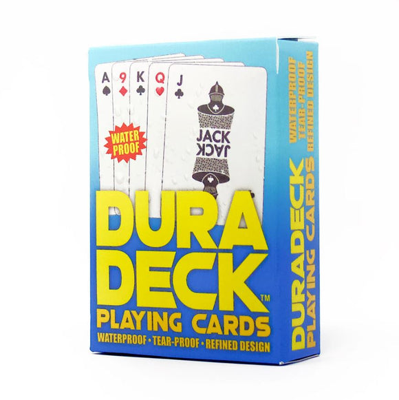 Duradeck Playing Cards by Storyastic showcased in a box. The packaging highlights that the cards are waterproof and tear-proof, featuring a refined design. The front displays a few playing cards with the Ace, King, Queen, and Jack prominently visible, accompanied by a bright red 'WATERPROOF' label.