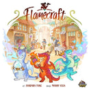 Flamecraft is a whimsical board game featuring colorful dragons engaging in various activities in a vibrant, magical market. The artwork is rich and detailed, showcasing a town filled with enchanting characters and shops, inviting players to dive into a playful fantasy world.