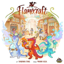 Flamecraft is a whimsical board game featuring colorful dragons engaging in various activities in a vibrant, magical market. The artwork is rich and detailed, showcasing a town filled with enchanting characters and shops, inviting players to dive into a playful fantasy world.