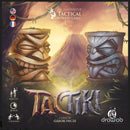 The Tactiki board game by DRAWLAB GAMES features two large Tiki figures in a lush jungle setting with a volcano in the background. The packaging showcases vibrant colors and the text highlights it as an innovative tactical board game suitable for ages 12 and up, designed for two players with a playtime of approximately 30 minutes.
