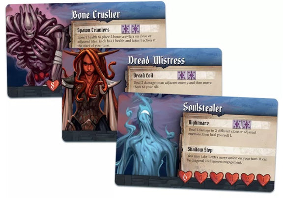 Knight Fall game by RED RAVEN GAMES features detailed character cards including Bone Crusher, Dread Mistress, and Soulstealer, each with unique abilities and health points. Perfect for strategic gameplay, this set offers an immersive experience for gamers.