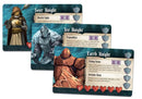 Three game cards from 'Knight Fall' by RED RAVEN GAMES. The cards feature characters: Seer Knight with Oracle Sight ability, Ice Knight with Crystallize ability, and Earth Knight with Living Stone ability. Each card includes unique stats and actions.