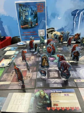 A close-up view of the tabletop game 'Knight Fall' by RED RAVEN GAMES. The game board features various colorful character figurines and player cards, creating an immersive fantasy setting. The backdrop displays the game's vibrant artwork and promotional details.