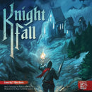 Knight Fall game box art featuring a knight holding a torch in a dark, mysterious forest setting with a castle in the background. The title 'Knight Fall' is prominently displayed in stylized font, with additional credits for the game designer and illustrators.