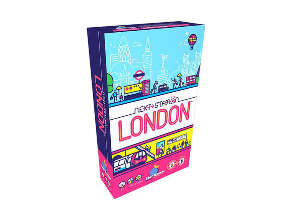 Next Station London is a vibrant and colorful game box designed by Blue Orange U.S.A. featuring illustrations of London landmarks, a subway map, and playful characters. The box contains components for a creative strategic game where players build train routes in London. Ideal for family fun, it accommodates 1 to 4 players and is suitable for ages 8 and up.