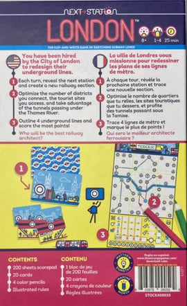 Next Station London is a vibrant flip-and-write game where players redesign the London subway system. The box features colorful illustrations of iconic London landmarks and components like score sheets, cards, and colored pencils. It highlights the game's objectives, which include outlining subway lines and connecting districts to maximize points. The engaging design and instructions are presented in both English and French, ensuring accessibility for a diverse audience.