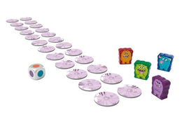 A colorful Monster Munch game by Haba, featuring a row of circular tokens, a colorful dice, and four playful monster figures in bright colors. The game setup includes purple discs laid out in a line, inviting players to engage in fun gameplay with charming monster characters.