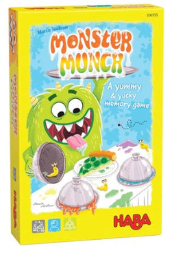 Monster Munch game by Haba featuring a colorful box design with a joyful green monster, plates of food, and playful illustrations. The box highlights the game's theme of memory and fun, making it suitable for kids and families.