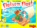 Flotsam Float board game by Haba featuring two children on a colorful raft, surrounded by ocean waves and tropical scenery. The game encourages players to stack items to keep afloat, with a fun, engaging design.