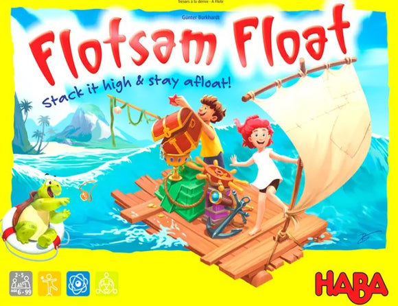 Flotsam Float board game by Haba featuring two children on a colorful raft, surrounded by ocean waves and tropical scenery. The game encourages players to stack items to keep afloat, with a fun, engaging design.