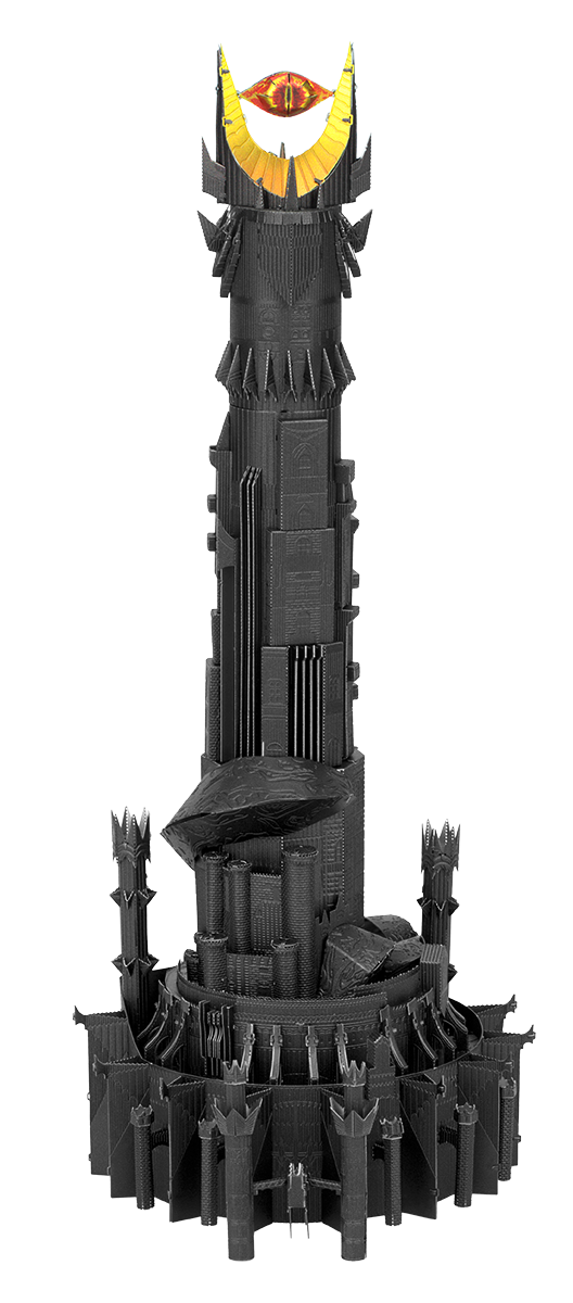 A detailed 3D model of Barad-Dur, the dark tower from the Lord of the Rings universe, crafted from interlocking parts. It features a tall, spiked structure with a bright eye at the top, surrounded by strategically placed towers and decorative elements. This DIY model encourages creativity and skill development, ideal for fans of fantasy and intricate builds.