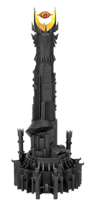 A detailed 3D model of Barad-Dur, the dark tower from the Lord of the Rings universe, crafted from interlocking parts. It features a tall, spiked structure with a bright eye at the top, surrounded by strategically placed towers and decorative elements. This DIY model encourages creativity and skill development, ideal for fans of fantasy and intricate builds.