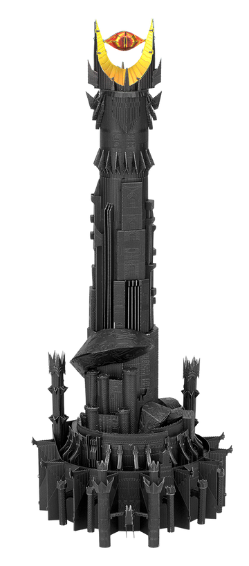 A detailed 3D model of Barad-Dur, the dark tower from the Lord of the Rings universe, crafted from interlocking parts. It features a tall, spiked structure with a bright eye at the top, surrounded by strategically placed towers and decorative elements. This DIY model encourages creativity and skill development, ideal for fans of fantasy and intricate builds.