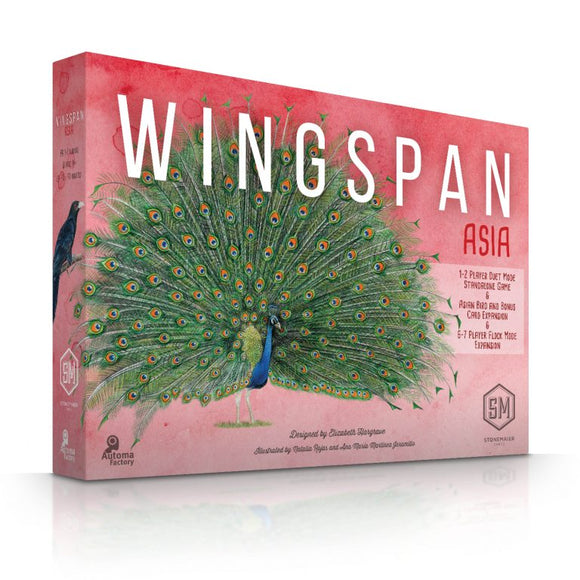 Wingspan Asia Expansion box art featuring a vibrant peacock design. The game supports 1-2 players in Duet Mode and includes Asian birds and a bonus card expansion. Features additional 6-7 player flock mode.