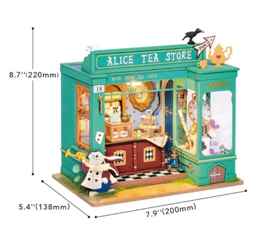 Alice's Tea Store DIY kit by Robotime. This beautifully crafted miniature showcases a whimsical tea shop with intricate details, including a counter adorned with teapots and cups, colorful decor, and playful characters. The dimensions are 8.7 inches high, 5.4 inches wide, and 7.9 inches deep, making it a charming addition to any collection or decor.
