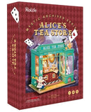 A colorful DIY kit box for 'Alice's Tea Store' by Robotime, featuring a whimsical miniature tea shop with intricate details and figures. The box showcases the storefront and playful characters, ideal for crafting enthusiasts.