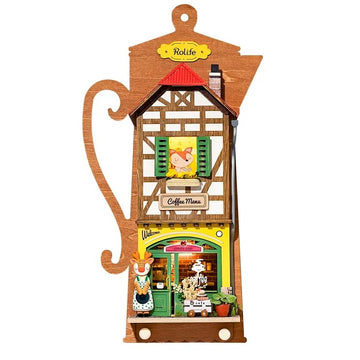 A vibrant 3D wooden model kit titled 'Lazy Coffee House' by Robotime. It features a charming coffee shop design with detailed elements like a welcoming sign, a barista figure, and a sunny window. This DIY kit allows you to assemble an attractive coffee house structure that can be displayed as a decorative piece.