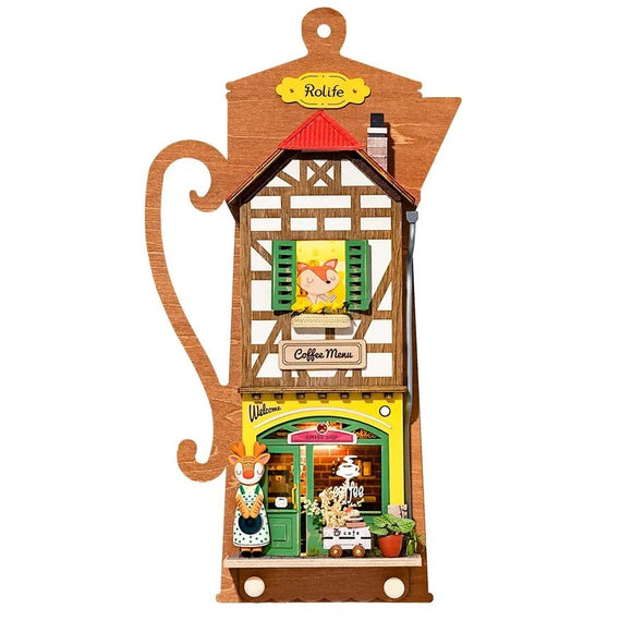 A vibrant 3D wooden model kit titled 'Lazy Coffee House' by Robotime. It features a charming coffee shop design with detailed elements like a welcoming sign, a barista figure, and a sunny window. This DIY kit allows you to assemble an attractive coffee house structure that can be displayed as a decorative piece.