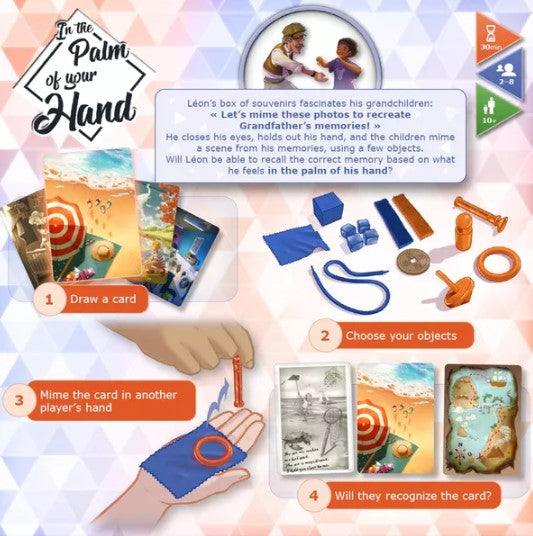 A colorful board game titled 'In the Palm of Your Hand' by LA Boite de Jeu, featuring various components such as player cards, memento objects in different shapes and colors, and instructions on how to play. The game is designed for 2 to 8 players aged 10 and up and focuses on recalling memories through tactile play.