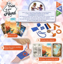 A colorful board game titled 'In the Palm of Your Hand' by LA Boite de Jeu, featuring various components such as player cards, memento objects in different shapes and colors, and instructions on how to play. The game is designed for 2 to 8 players aged 10 and up and focuses on recalling memories through tactile play.