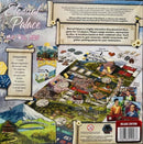 Eternal Palace board game by Alley Cat Games. The back cover features an overview of the game's components, including a game board, dice, and tokens. Gameplay description outlines the interactive dice-placement mechanics for 1-5 players, encouraging collaboration and strategy as players assign resources to locations to build and enhance their palace.