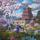 Eternal Palace board game by Alley Cat Games features a vibrant, serene landscape with a traditional building surrounded by cherry blossom trees. The scene depicts a woman painting the idyllic scenery, with a flowing waterfall and a bridge adding to the tranquil atmosphere.