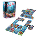 Ecosystem: Coral Reef game by Genius Games features a vibrant box with coral reef illustrations. The game is laid out with colorful cards depicting marine life and underwater scenes, showcasing an engaging and educational aquatic environment.