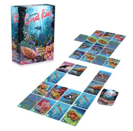 Ecosystem: Coral Reef game by Genius Games features a vibrant box with coral reef illustrations. The game is laid out with colorful cards depicting marine life and underwater scenes, showcasing an engaging and educational aquatic environment.