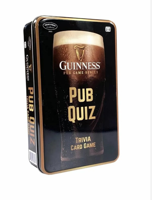 Guinness Pub Quiz trivia card game packaged in a sleek tin. The design features a large, frosty pint glass of Guinness, with the words 'GUINNESS PUB GAME SERIES PUB QUIZ TRIVIA CARD GAME' prominently displayed. Perfect for game nights with friends and family.